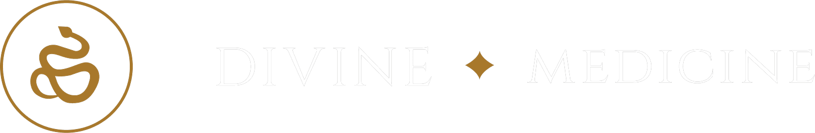 Divine Medicine, a gold serpent in a deep red circle beside the words Divine Medicine