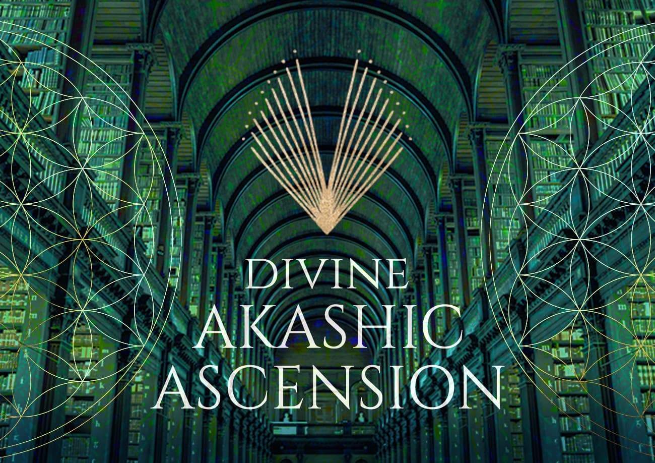 Divine Akashic Ascension, a gold sunburst and the flower of life over green library arches
