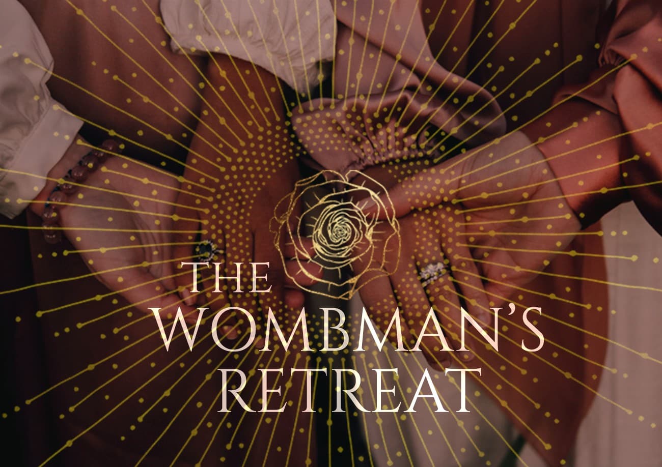 The Wombman's Retreat, gold rose and rays over hands held open