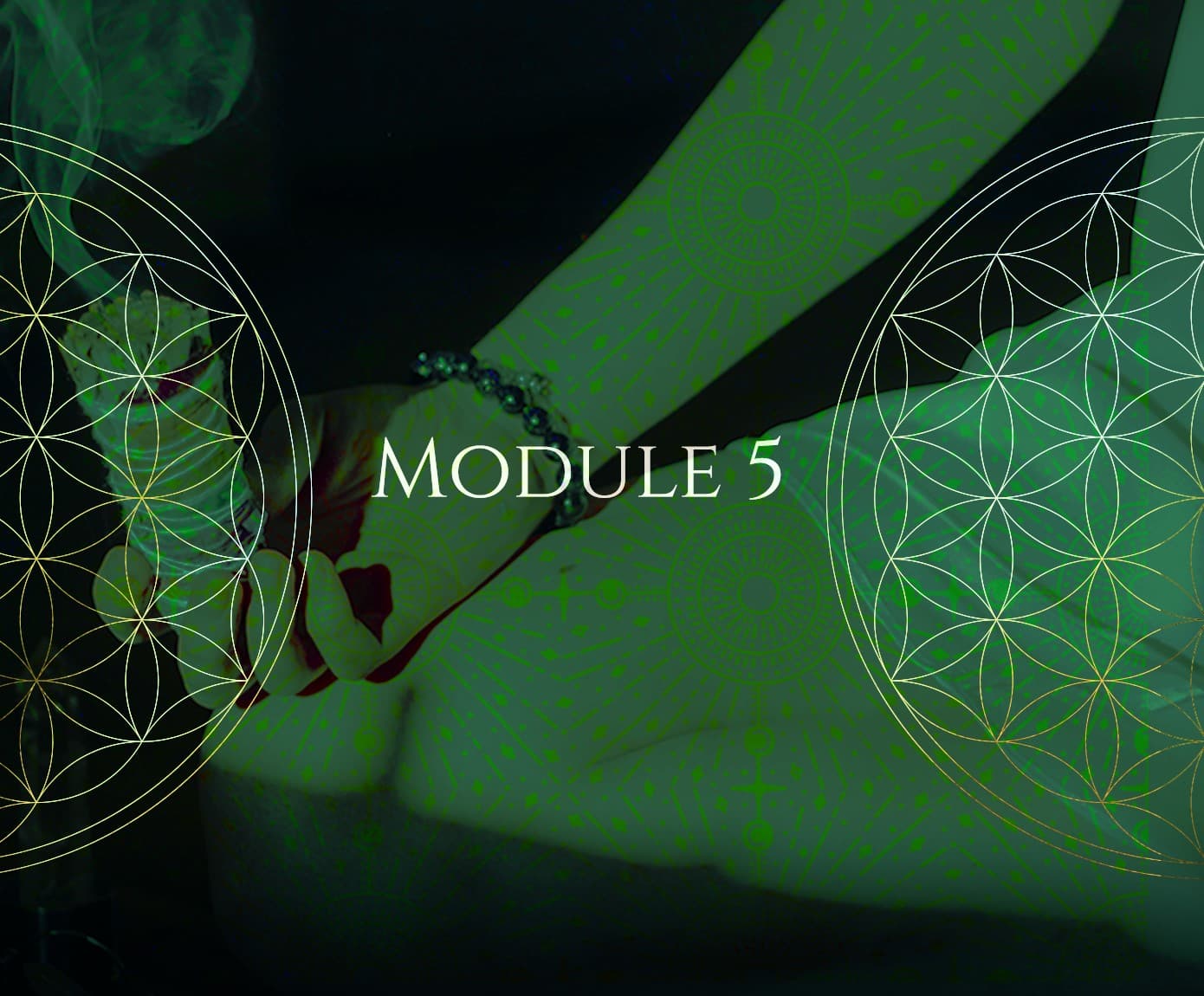 Module 5 artwork, hands holding a pendulum behind the flower of life in green