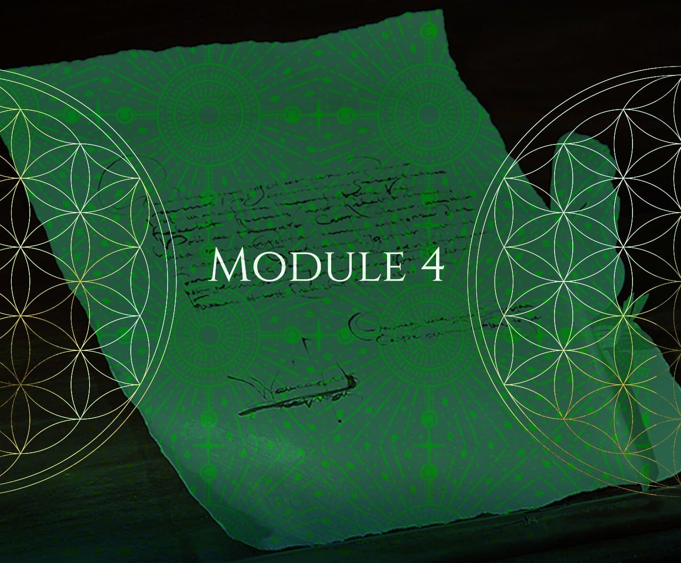 Module 4 artwork, an old parchment behind the flower of life in green