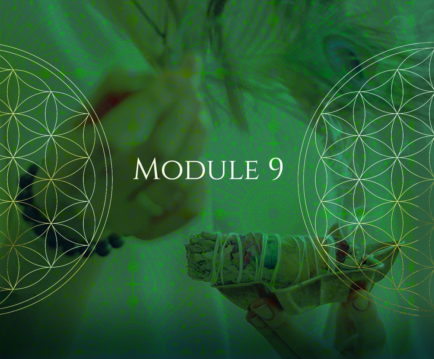 Module 9 artwork, hands over crystals behind the flower of life in green