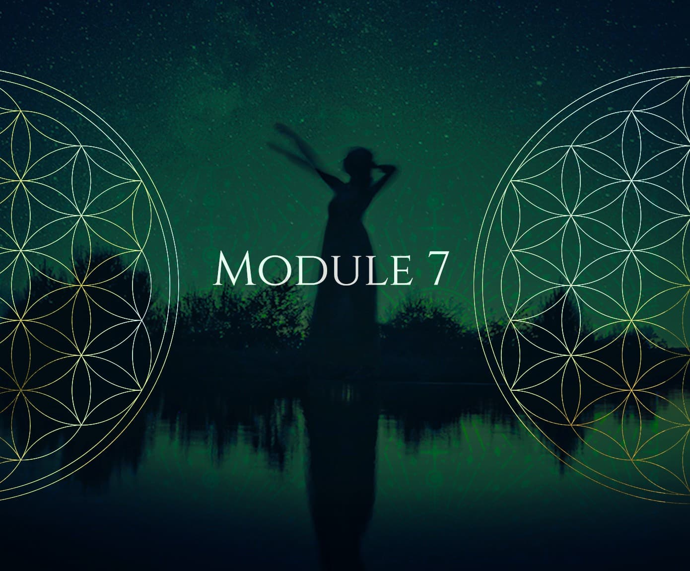 Module 7 artwork, a figure beneath a night sky behind the flower of life