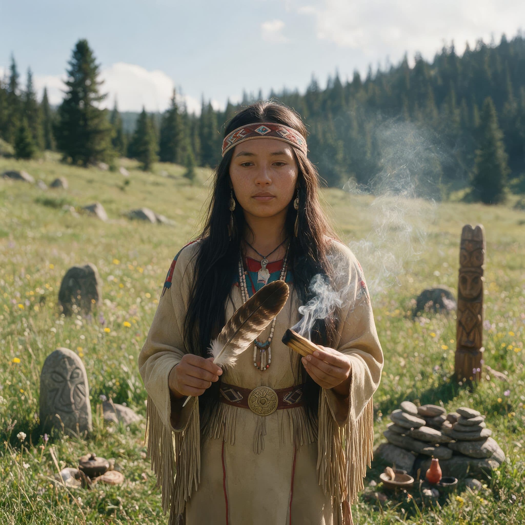 A woman in a meadow holding a feather beside rising smoke