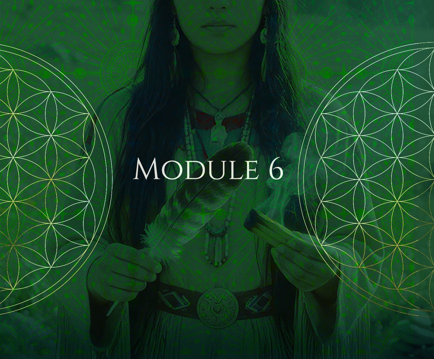 Module 6 artwork, a woman in ceremony behind the flower of life in green