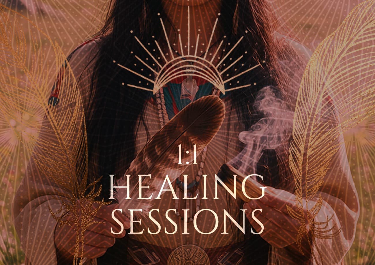1:1 Healing Sessions, a gold sunburst and feathers over a woman holding a feather in smoke