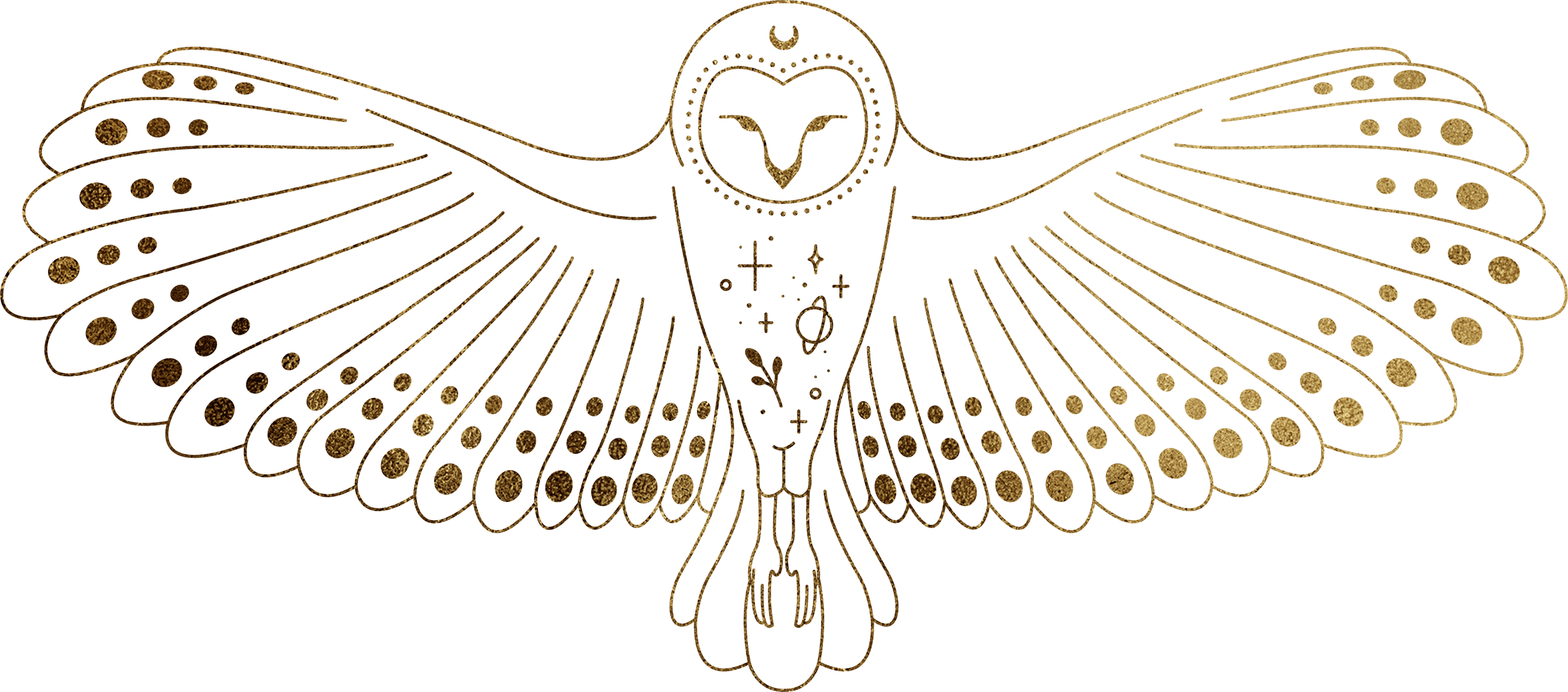An owl drawn in gold line, wings spread