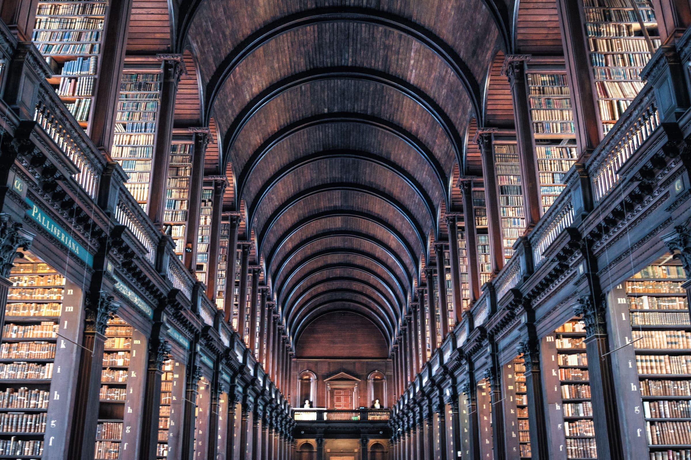 A vaulted library of old books receding into the distance