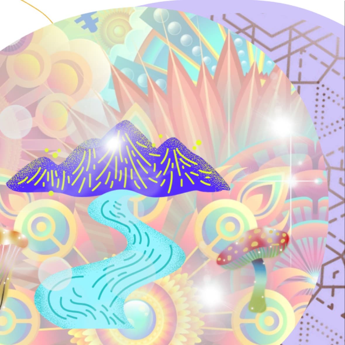 An illustrated mountain and mushrooms in iridescent colour