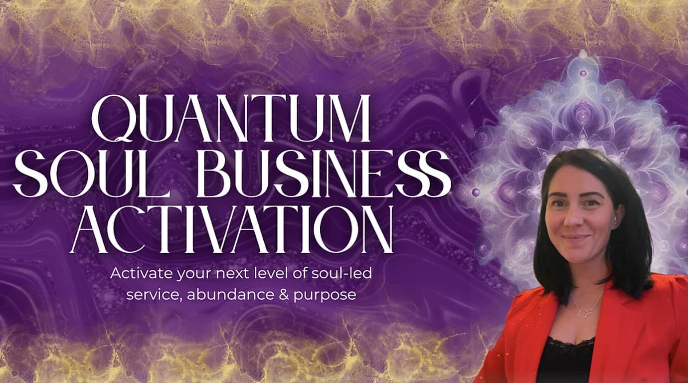 Quantum Soul Business Activation, with Kati in a red blazer before a violet mandala